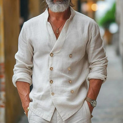 Men's Premium Cotton Linen Shirt | Stand Collar | Double Breasted | Long Sleeve | Breathable Durable Fabric | Sustainable Sourced | Comfortable Fit | Versatile Casual to Semi-Formal Wear