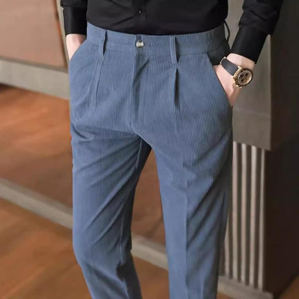 Men's Corduroy Straight Fit Suit Pants | Mid-Rise Waist | Full-Length | Soft Solid Color | Business Casual or Semi-Formal Outings | Warm Fall Winter Trousers | Versatile Styling with Shirts and Jackets