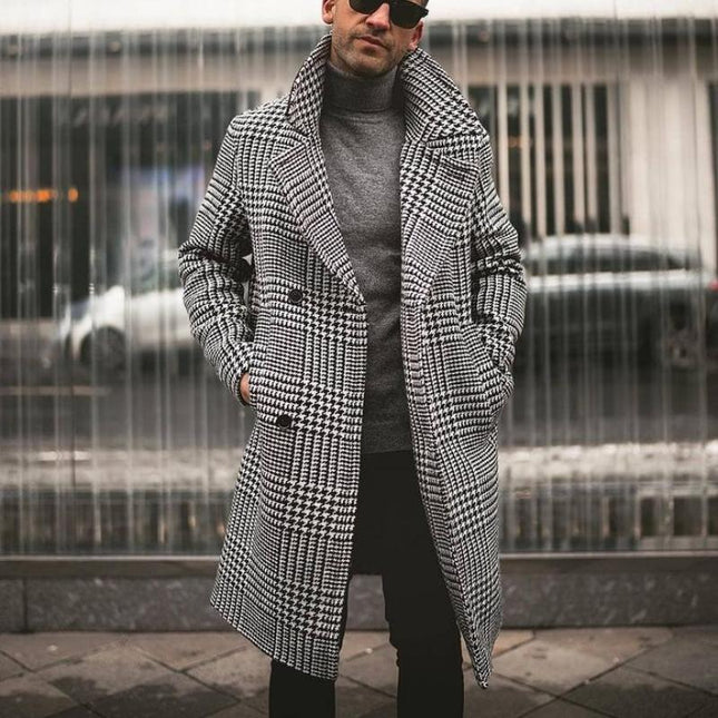Men's Houndstooth Coat | Retro Double-Breasted Knee-Length Outerwear | Classic Casual Style | Vintage Sophistication | Tailored Fit | Lapel Collar | Functional Pockets | Versatile for Casual or Formal Use