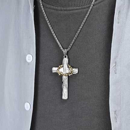 Vintage Wreath Cross Pendant Necklace | Casual Thorn Design | Unisex Jewelry Accessory | Antique Style Charm | Statement Necklace