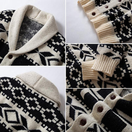 Men's Festive Christmas Jacquard Cardigan | Thick Knit Lapel | Single Breasted | Winter Holiday Sweater | Cozy Warm Outerwear | Vintage-Inspired Christmas Pattern | Ideal for Parties & Gatherings