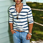Men's Henley Shirt | Striped Long Sleeve | Cotton Blend | Casual Comfortable Fit | Fashionable Buttoned Placket Top | Versatile Wardrobe Essential