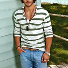 Men's Henley Shirt | Striped Long Sleeve | Cotton Blend | Casual Comfortable Fit | Fashionable Buttoned Placket Top | Versatile Wardrobe Essential