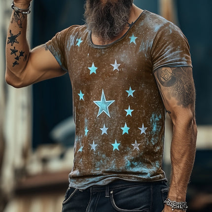 Men's Retro Star Universe Print T-Shirt | Round Neck Short Sleeve | Casual Vintage Style | Breathable Cotton | Sizes S-3XL | Ideal for Everyday Wear & Outdoor Activities | Nostalgic Design