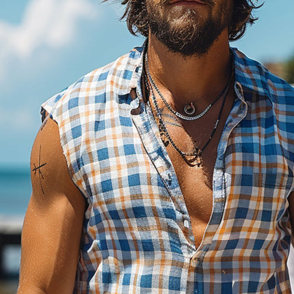 Men's Sleeveless Lapel Tank Top | Plaid Print | Casual Loose Fit | Breathable Polyester Fabric | Spring Summer Vest | Muscle Showcasing | Multi-Size Options | Unique Design | Classic Men's Style