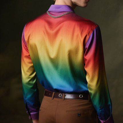 Men's Retro Rainbow Print Shirt | Long Sleeve | Light Lapel | Casual Fit | Vibrant Design | Trendy Style | Comfortable Polyester | Multiple Sizes | Perfect for Casual Outings & Social Events