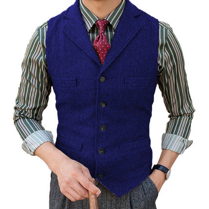 Men's Wool Blend Vest | Vintage Style | Single Breasted with Lapel | Slim Fit | Charcoal Navy Herringbone Patterns | Smart Casual Formal Wear | Adjustable Back | Functional Pockets | Year-Round Outerwear