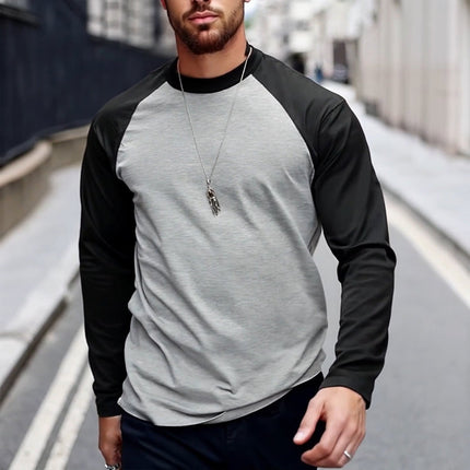 Men's Long Sleeve T-Shirt | Retro Colorblock Design | Round Neck | Casual Style | Polyester-Cotton Blend | Sizes S to 3XL | Fashionable Everyday Wear | Comfort & Durability