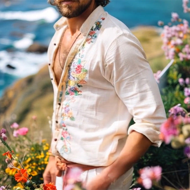 Men's Long Sleeve Vintage Embroidered Shirt | Casual Cotton | Pointed Collar | Adjustable Button Cuffs | Breathable Soft Fabric | Sizes S-3XL | Men's Retro Style | Comfortable for Social Gatherings