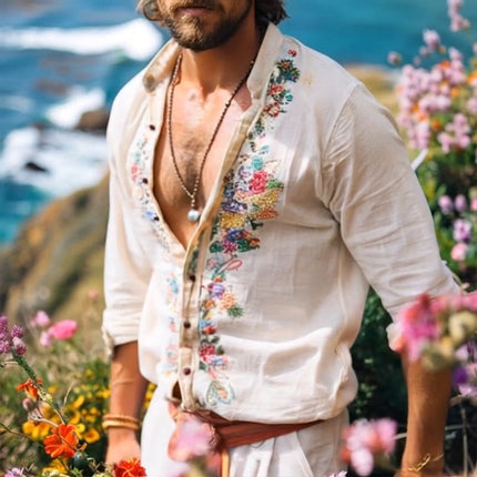 Men's Long Sleeve Vintage Embroidered Shirt | Casual Cotton | Pointed Collar | Adjustable Button Cuffs | Breathable Soft Fabric | Sizes S-3XL | Men's Retro Style | Comfortable for Social Gatherings