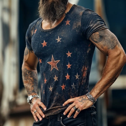 Men's Retro Star Universe Print T-Shirt | Round Neck Short Sleeve | Casual Vintage Style | Breathable Cotton | Sizes S-3XL | Ideal for Everyday Wear & Outdoor Activities | Nostalgic Design