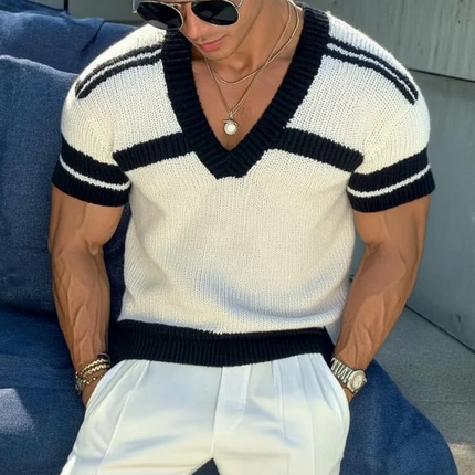 Men's Striped Jacquard V-Neck Slim Fit Short Sleeve Knitted Sweater | Casual Breathable Top | Versatile Fashion Layer | Soft Durable Fabric | Modern Outfit | Classic Design | Sizes Available