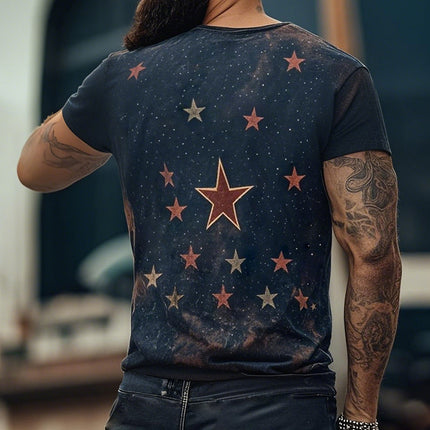 Men's Retro Star Universe Print T-Shirt | Round Neck Short Sleeve | Casual Vintage Style | Breathable Cotton | Sizes S-3XL | Ideal for Everyday Wear & Outdoor Activities | Nostalgic Design