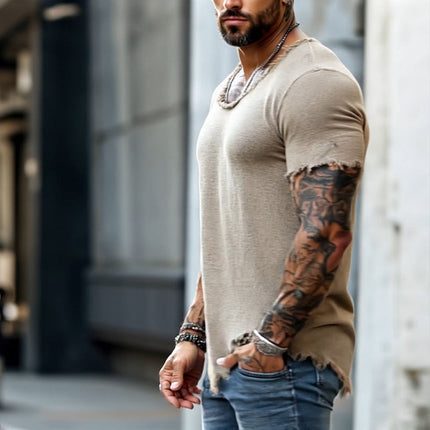 Men's Retro T-Shirt | Casual Raw Edge Ripped | Round Neck | Short Sleeve | Vintage Style | Soft Cotton Blend | Breathable | Versatile Fit | Multiple Sizes | Ideal for Everyday Wear | Spring Summer Fashion