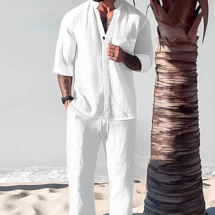 Men's Casual Solid Color Shirt & Trousers Set | Loose Fit | Half Sleeve | Breathable Fabric | Versatile Outfit for Spring, Summer, Fall | Perfect for Beach, Vacations, Picnics | Style & Comfort