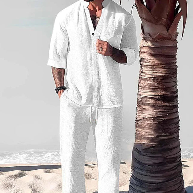 Men's Casual Solid Color Shirt & Trousers Set | Loose Fit | Half Sleeve | Breathable Fabric | Versatile Outfit for Spring, Summer, Fall | Perfect for Beach, Vacations, Picnics | Style & Comfort