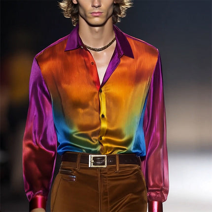 Men's Retro Rainbow Print Shirt | Long Sleeve | Light Lapel | Casual Fit | Vibrant Design | Trendy Style | Comfortable Polyester | Multiple Sizes | Perfect for Casual Outings & Social Events