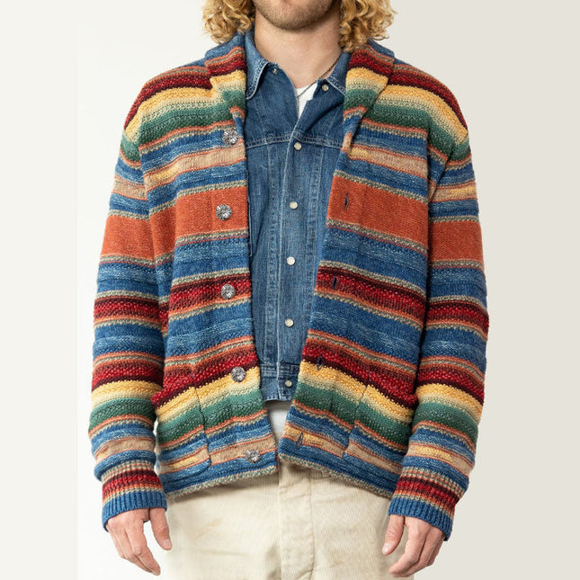 Men's Vintage Rainbow Colorblock Jacquard Cardigan | Long Sleeve Lapel Collar | Retro Inspired Outerwear | Comfortable Relaxed Fit | Bold Statement Piece | Fall Winter Essentials | Sizes S-3XL