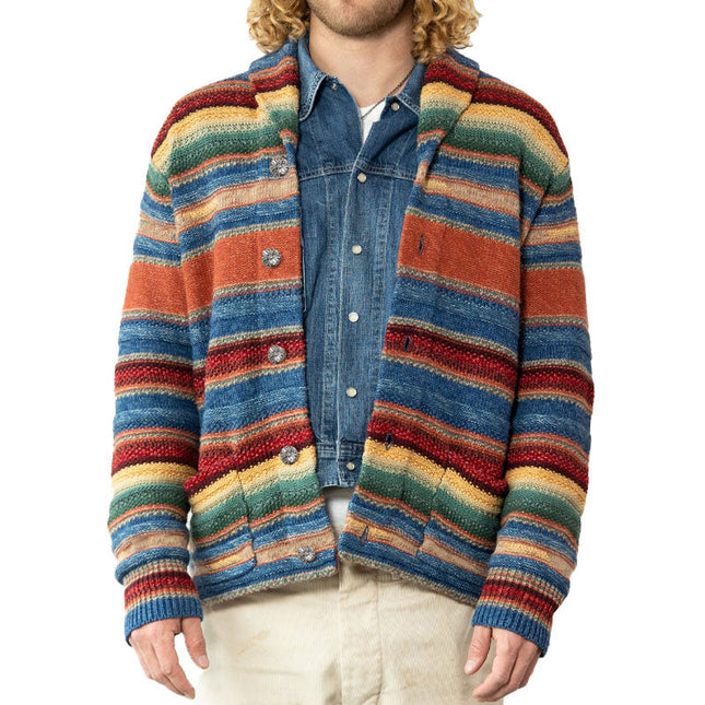 Men's Vintage Rainbow Colorblock Jacquard Cardigan | Long Sleeve Lapel Collar | Retro Inspired Outerwear | Comfortable Relaxed Fit | Bold Statement Piece | Fall Winter Essentials | Sizes S-3XL